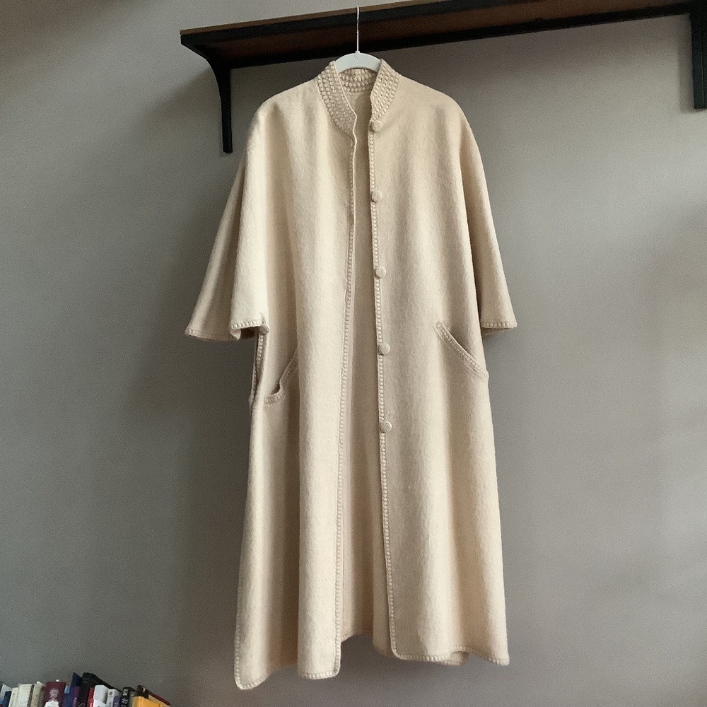 Vintage Wool Cape Coat with Knitted Button Sides/Slits, One-Size